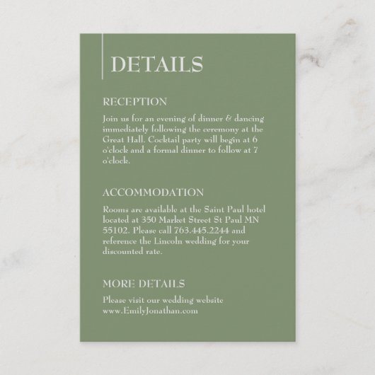 Sage Green minimalistische ontvangstgegevens en RS Informatiekaartje (Voorkant)