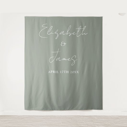 Sage Green Minimalistische Wedding Foto Achtergron Wandkleed (Voorkant)
