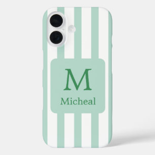Sage Green Mint Stripes Monogram Classic Font iPhone 16 Hoesje