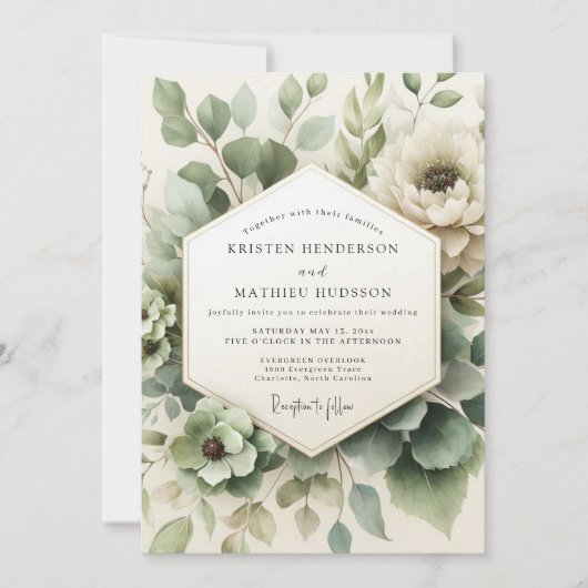 Sage Green Misted Flora Wedding Kaart (Voorkant)
