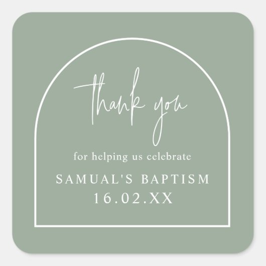 Sage Green Modern Arch Minimal Christening Favor Vierkante Sticker (Voorkant)