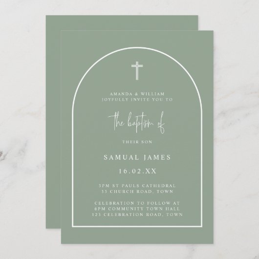 Sage Green Modern Arch Script Minimalist Baptisme Kaart (Voorkant / Achterkant)