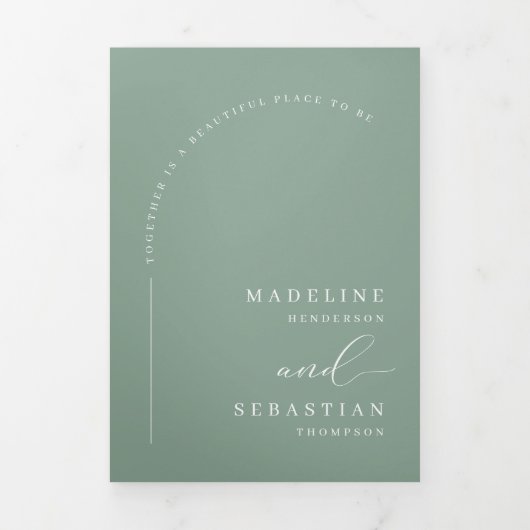 Sage Green Modern Boho Arch Foto QR Code Weddensch Drieluik Uitnodiging (Cover)