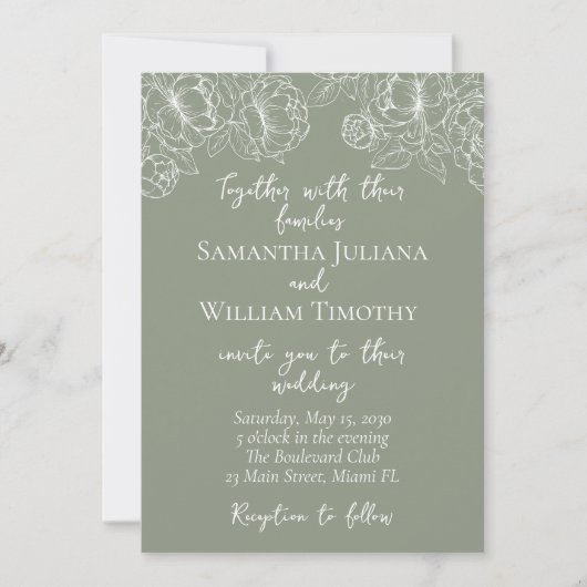 Sage Green Modern Boho Floral Minimalist Wedding Kaart (Voorkant)
