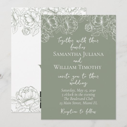 Sage Green Modern Boho Floral Minimalist Wedding Kaart (Voorkant / Achterkant)