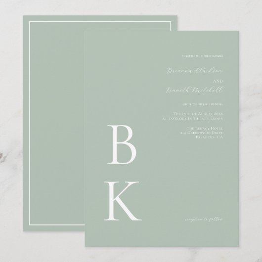Sage Green Modern Bold Monogram Typografie Huwelij Kaart (Voorkant / Achterkant)
