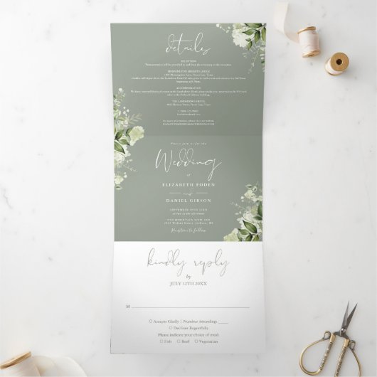 Sage Green Modern Botanical Greenery Photo Wedding Drieluik Uitnodiging (Binnen)