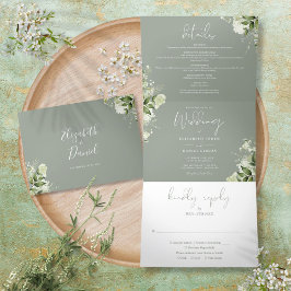 Sage Green Modern Botanical Greenery Photo Wedding Drieluik Uitnodiging