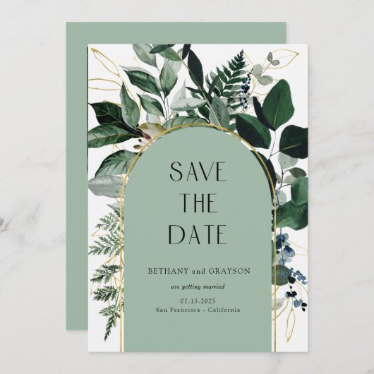 Sage Green, Modern Botanisch Groen QR-code Save The Date (Voorkant / Achterkant)