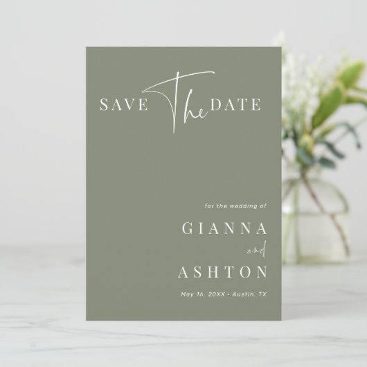 Sage Green Modern Calligraphy Wedding Photo Save The Date (Staand voorkant)