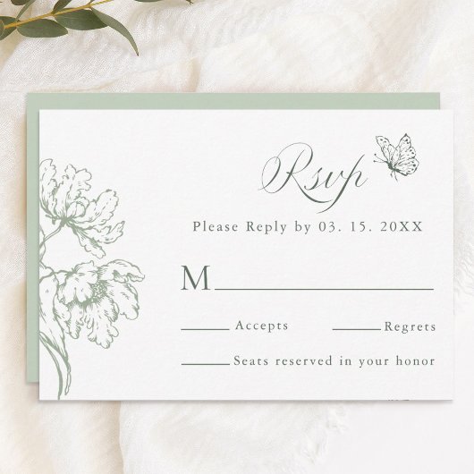 Sage Green Modern Classic Floral Wedding RSVP Kaartje