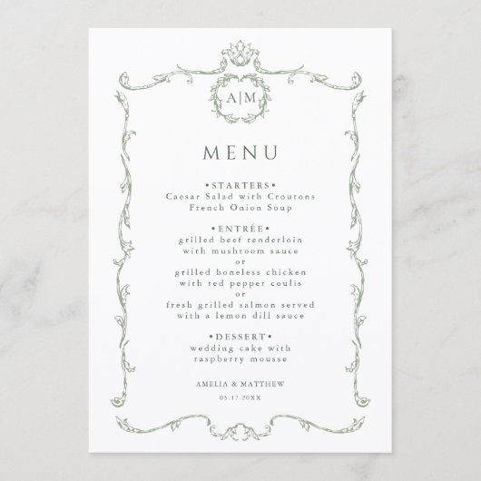 Sage Green Modern Classic French Frame Wedding  Menu (Voorkant)