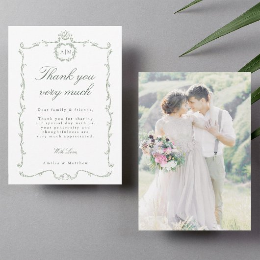 Sage Green Modern Classic French Wedding Photo Bedankkaart