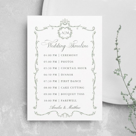 Sage Green Modern Classic French Wedding Timeline Programmakaart