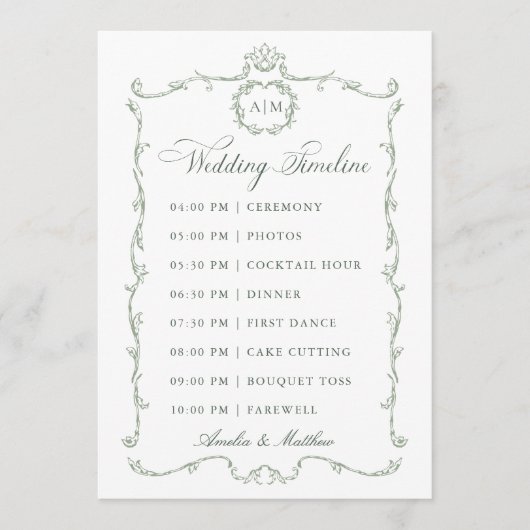 Sage Green Modern Classic French Wedding Timeline Programmakaart (Voorkant)