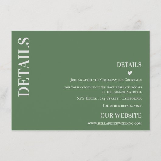 Sage Green Modern Contemedual Wedding Details Informatiekaartje (Voorkant)