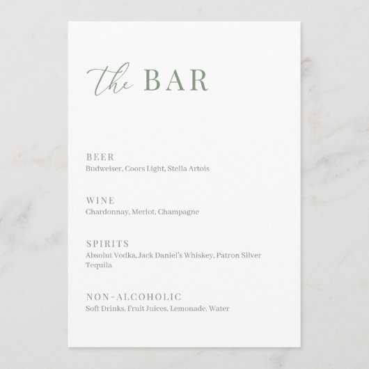 Sage Green Modern Elegant Huwelijk De Bar Menu (Voorkant)