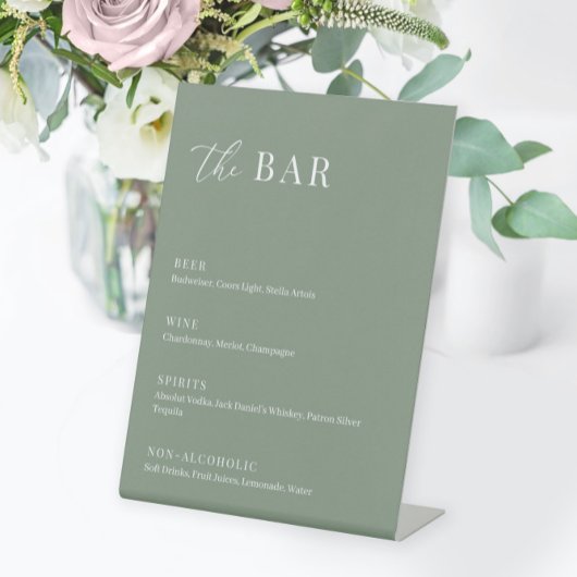 Sage Green Modern Elegant Huwelijk De Bar Menu Reclamebord Met Voetstuk