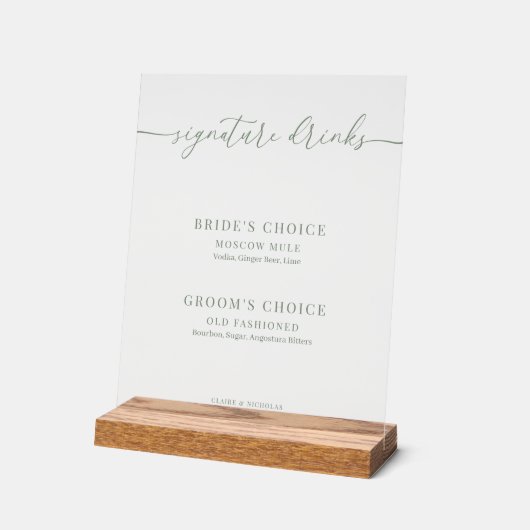 Sage Green Modern Elegant Huwelijk Handtekening Dr Acryl Bord (Hoek)