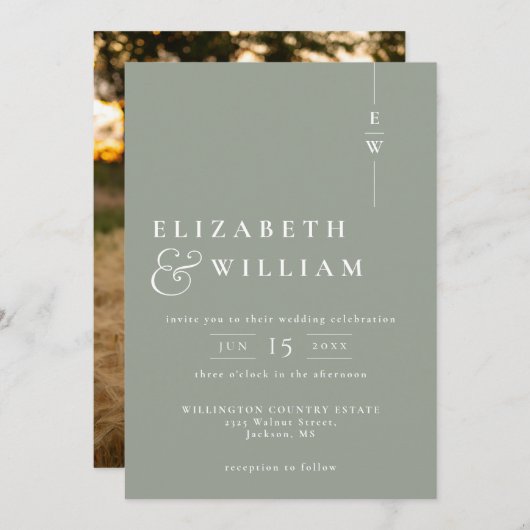 Sage Green Modern Elegant Monogram Fotobruiloft Kaart (Voorkant / Achterkant)