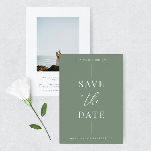 Sage Green Modern Elegant Trouwen vet tekst & foto Save The Date