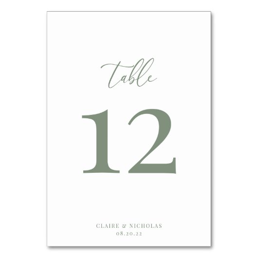Sage Green Modern Elegant Trouwtafel Nummer Kaart (Voorkant)