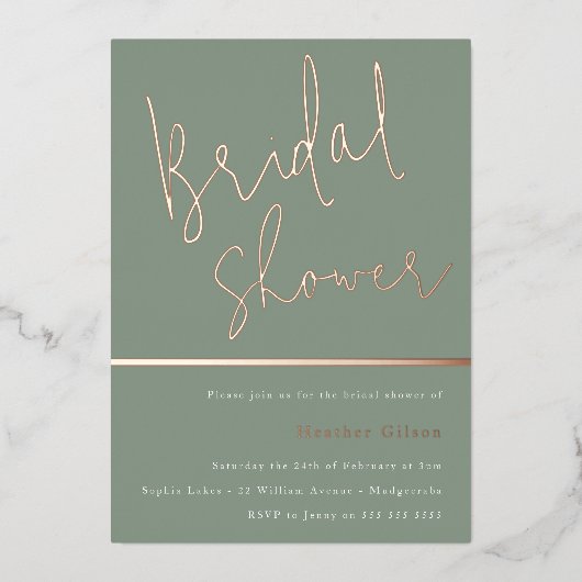 Sage Green Modern Elegant Vrijgezellenfeest Roos G Folie Uitnodiging (Voorkant)