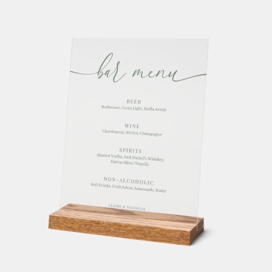 Sage Green Modern Elegant Wedding Bar Menu Acryl Bord (Hoek)