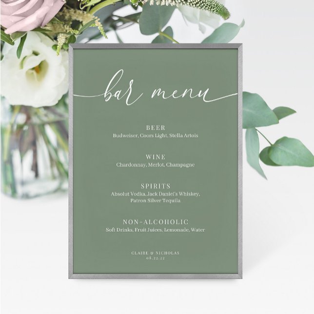 Sage Green Modern Elegant Wedding Bar Menu Sign (Creator heeft geüpload)