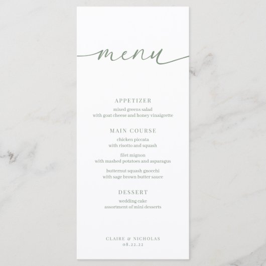 Sage Green Modern Elegant Wedding Receptie Menu (Voorkant)