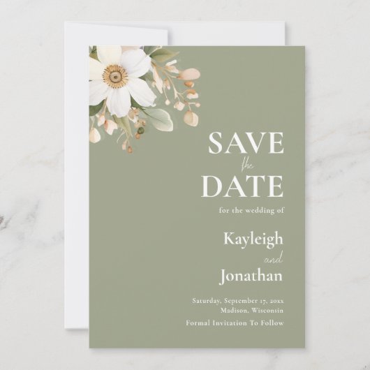Sage Green Modern Floral Waterverf bruiloft Save The Date (Voorkant)
