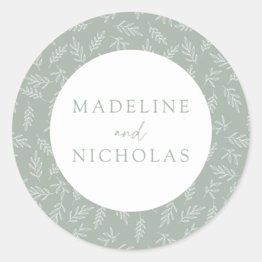 Sage Green Modern Minimalist Botanical Wedding Ronde Sticker (Voorkant)