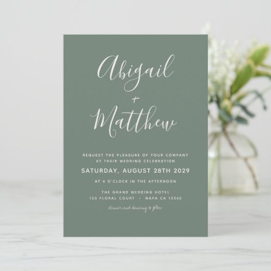 Sage Green Modern Minimalist Handwriting Weddensch Kaart (Staand voorkant)