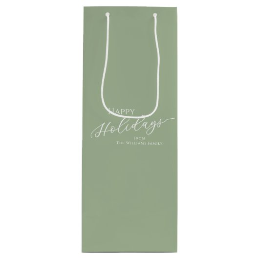 Sage Green Modern Minimalist Happy Holidays Wijn Cadeautas (Voorkant)
