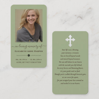 Sage Green Modern Minimalist Memorial Photo Card Visitekaartje