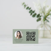 Sage Green Modern Minimalist Photo with QR Code Visitekaartje (Staand voorkant)