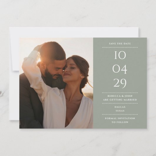 Sage Green Modern Minimalist Weddenschap Foto Save The Date (Voorkant)