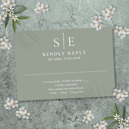 Sage Green Modern Monogram Weddenschap RSVP Kaartje