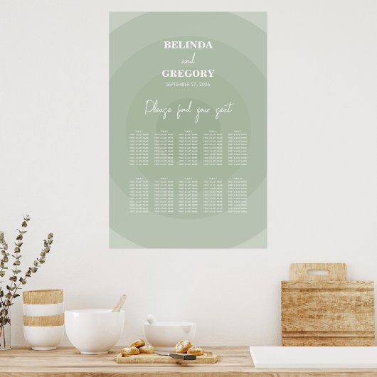 Sage Green Modern Monogram Wedding Seating Chart Poster (Keuken)