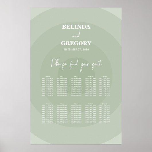 Sage Green Modern Monogram Wedding Seating Chart Poster (Voorkant)