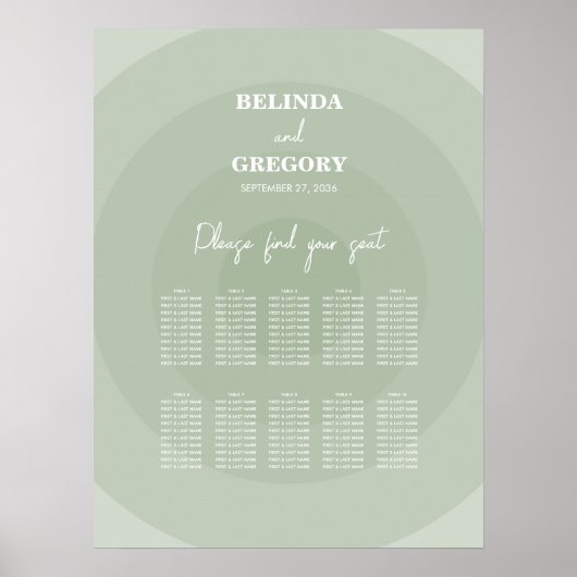 Sage Green Modern Monogram Wedding Seating Chart Poster (Voorkant)