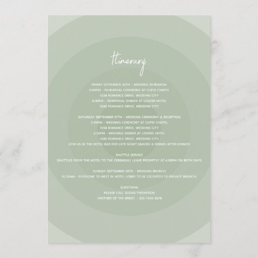 Sage Green Modern Monogram Weduwroute Programmakaart (Achterkant)