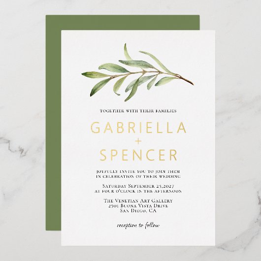 Sage Green Modern Olive Branch Wedding Gold Folie Uitnodiging (Voorkant / Achterkant)