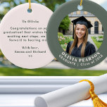 Sage Green Modern Photo Graduation Keepsake Keramisch Ornament<br><div class="desc">Celebrate your graduate's success with this elegant, modern graduation photo ornament. The front features a sophisticated sage green border framing your chosen photo, with customizable curved text for the graduate's name and class year. The reverse side features a complementary pale pink background with space for your own personalized, heartfelt message...</div>