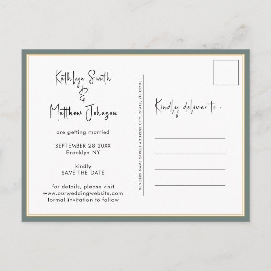 Sage Green Modern Photo Minimalist Weddenschap Sav Aankondigingskaart (Achterkant)