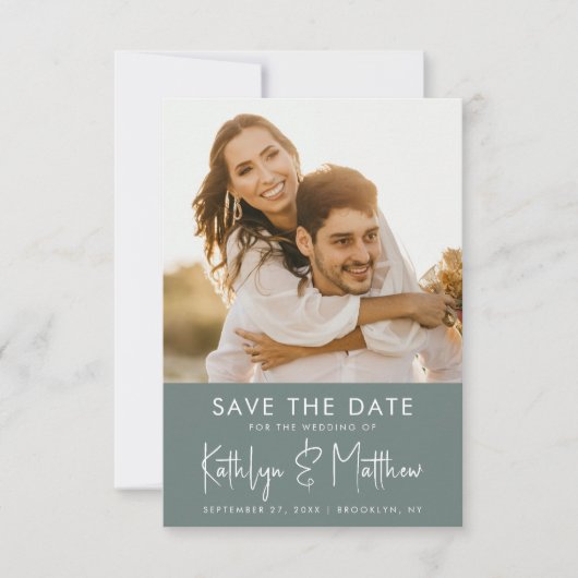 Sage Green Modern Photo Minimalist Wedding Save The Date (Voorkant)