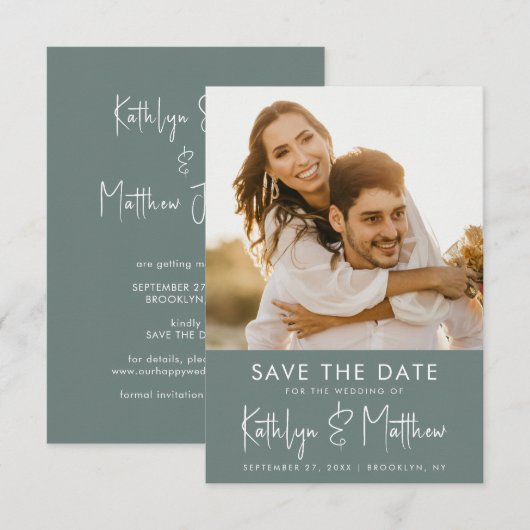 Sage Green Modern Photo Minimalist Wedding Save The Date (Voorkant / Achterkant)