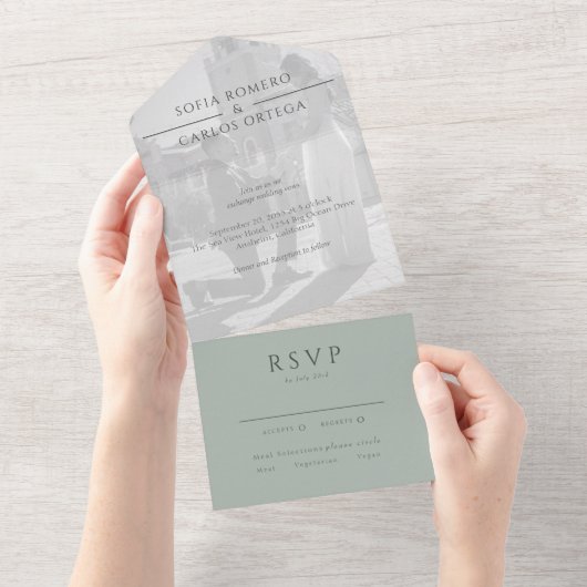 Sage Green Modern Photo Wedding All In One Uitnodiging (Afscheurbaar)