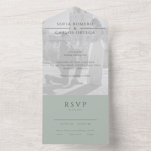 Sage Green Modern Photo Wedding All In One Uitnodiging (Binnen)