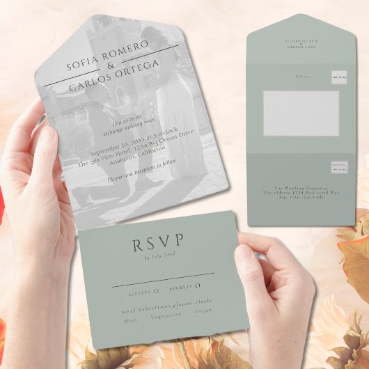 Sage Green Modern Photo Wedding All In One Uitnodiging